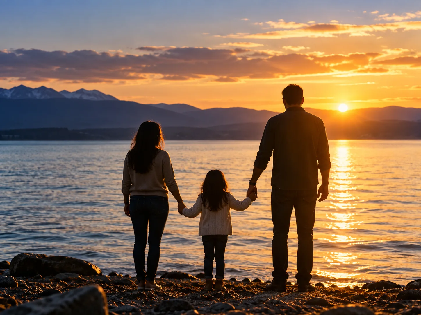 Family standing together by the water at sunset