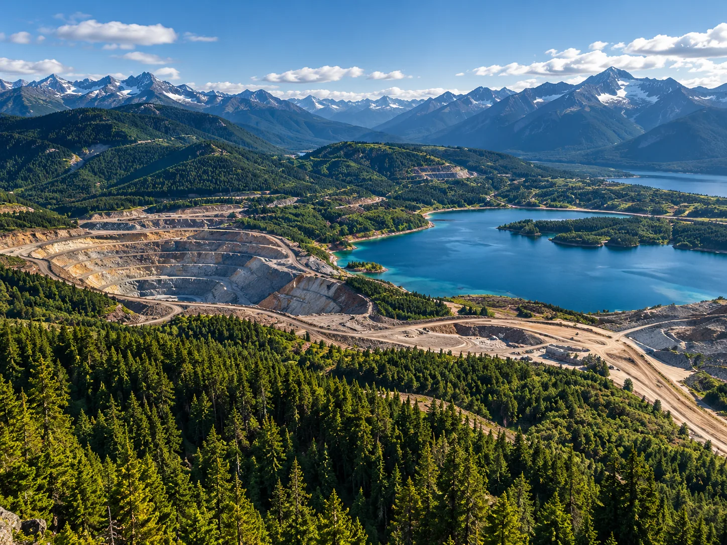 Environmental landscape with lake and mine