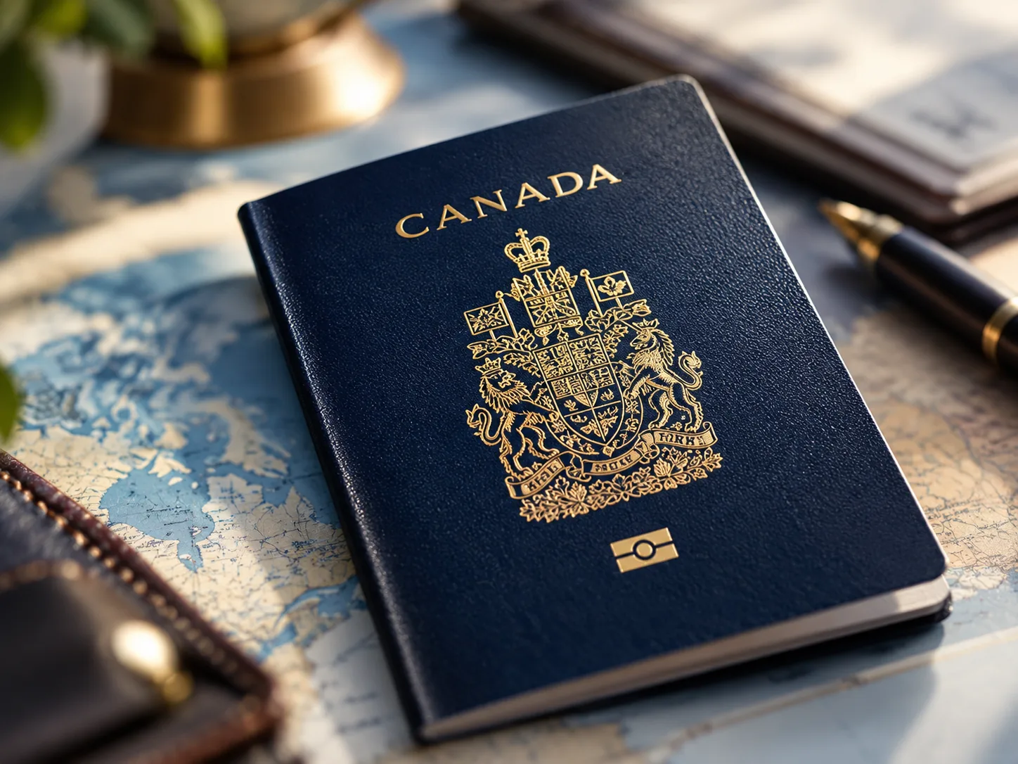 Canadian passport on a map