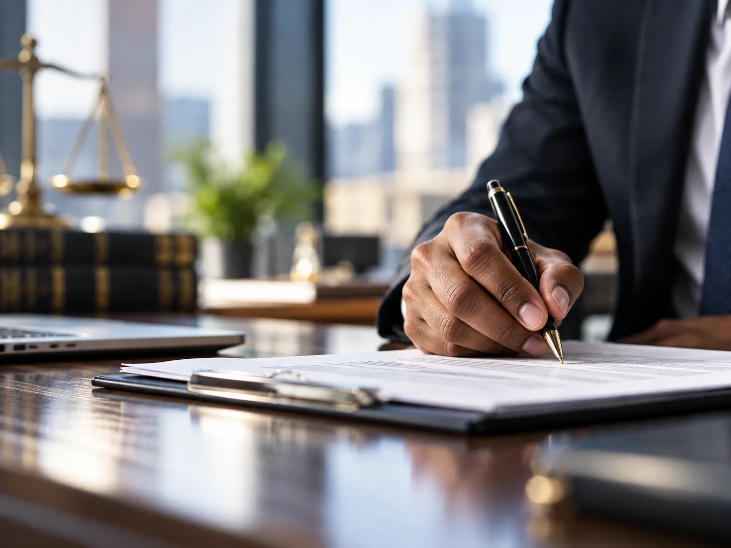 Lawyer writing on a document